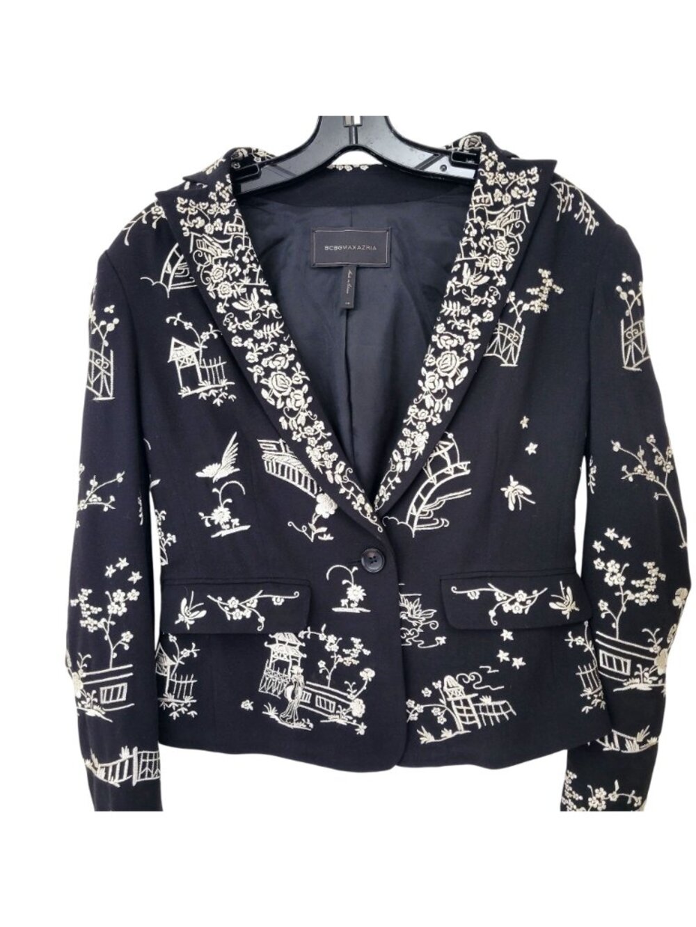 BCBG Max Azria Black Embroidered Bowie Blazer Jacket With Asian Floral & Scenic - Picture 4 of 5